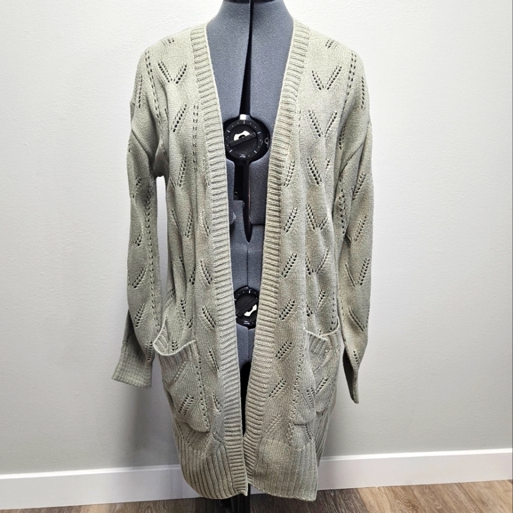 Pinque Stitch Fix Sage Green Textured Crochet Knit Open Cardigan Women's Medium